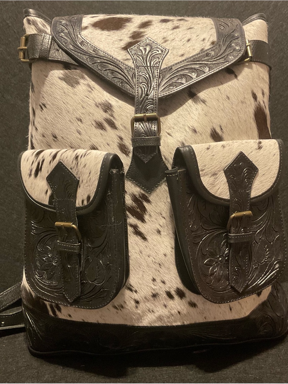 Cowhide Leather Buckle Backpack - Brown and White